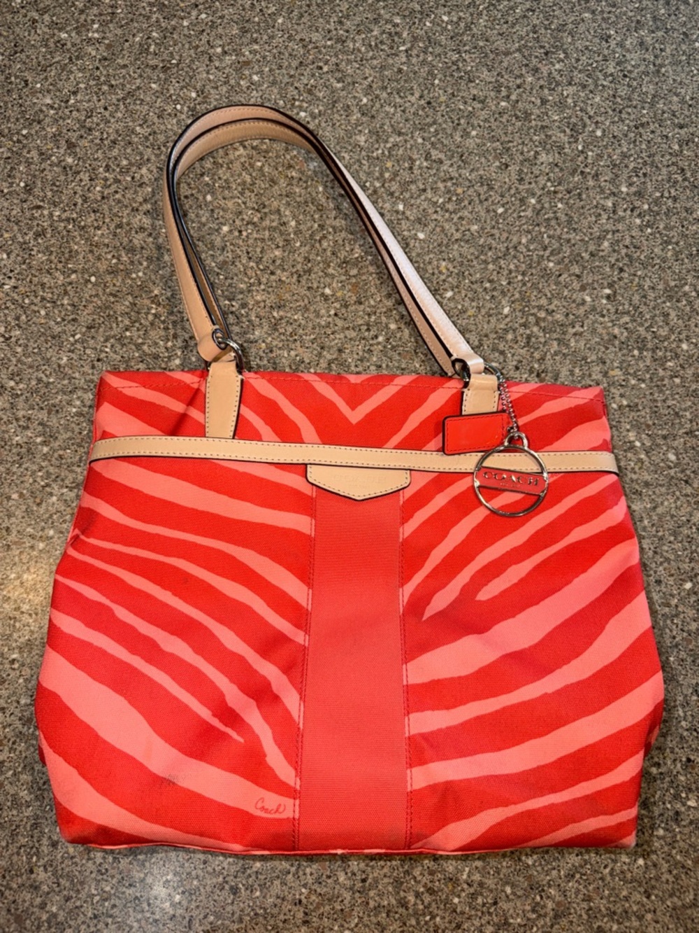 Coach Coral Zebra-Print Tote with Beige Leather Trim